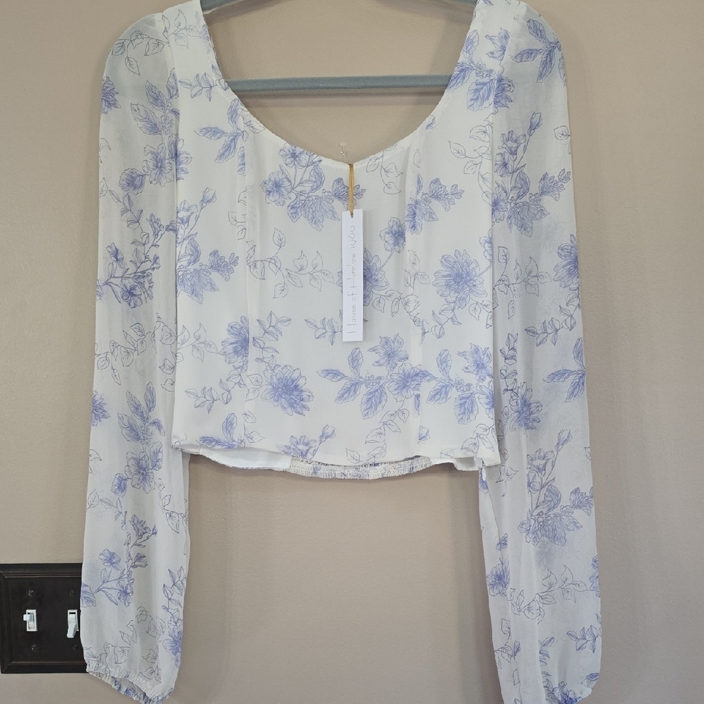 House of Harlow 1960 White and Blue Floral Blouse